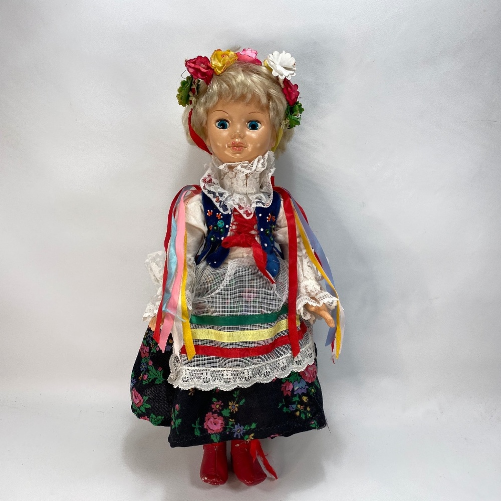 European Ethnic Dressed Sleepy Eye Vinyl Doll Short Blond Hair Ribbons 18" Tall